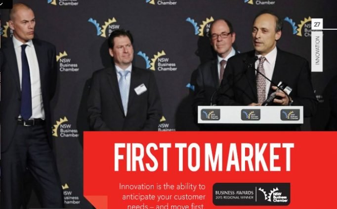 Solamander team at the NSW Business Chamber awards ceremony, with First to Market Innovation Award 2015 Regional Winner overlay