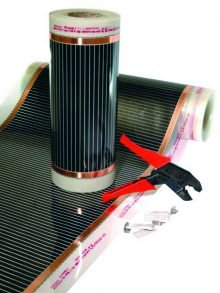 Comfortline electric heating foil roll with copper conductors, installation tool and clips