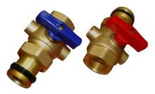 Pair of brass hydronic manifold end pieces with blue and red shut-off handles