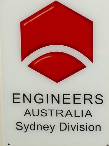 Engineers Australia Sydney Division physical wall sign with red hexagon logo