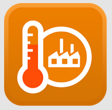 Heat Design app icon with thermometer and factory graphic on orange background