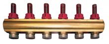 Six-port brass hydronic underfloor heating manifold with red flow meters and zone connections