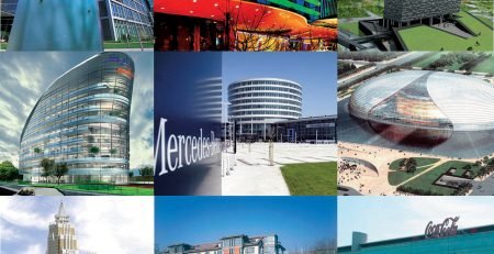 Collage of international commercial building reference projects including Swiss Life, Mercedes-Benz and Coca-Cola facilities