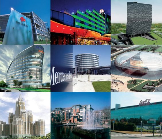 Collage of international commercial building reference projects including Swiss Life, Mercedes-Benz and Coca-Cola facilities