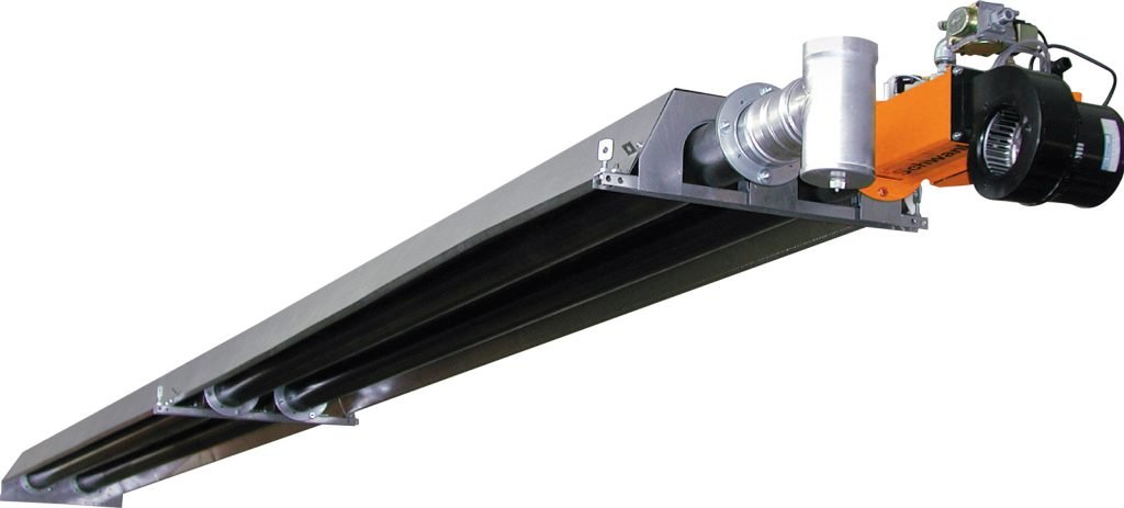 schwank_calorschwank_tube_heater Schwank Calorschwank gas-fired infrared tube heater with orange burner unit for commercial ceiling mounting