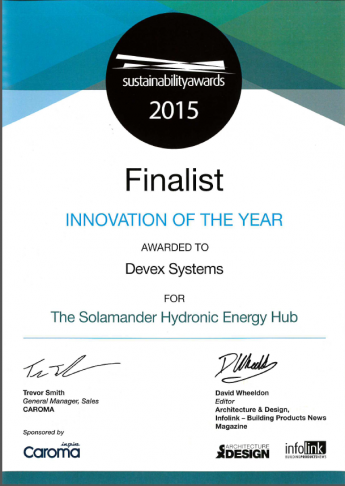 2015 Sustainability Awards Finalist certificate for Innovation of the Year awarded to Devex Systems for the Solamander Hydronic Energy Hub