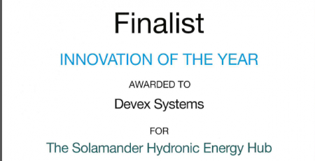 2015 Sustainability Awards Finalist certificate for Innovation of the Year awarded to Devex Systems for the Solamander Hydronic Energy Hub