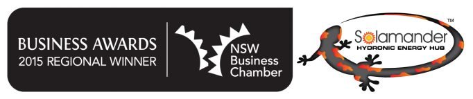NSW Business Chamber Business Awards 2015 Regional Winner badge alongside Solamander logo