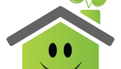 Green eco-friendly home illustration with smiley face and leaves