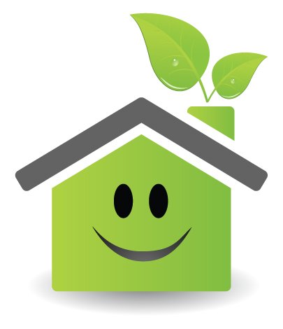 Green eco-friendly home illustration with smiley face and leaves