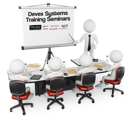 Devex Systems Training Seminars illustration showing presenter and attendees with brand partner logos