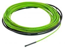 Coiled green Devex electric underfloor heating cable with black cold tail lead