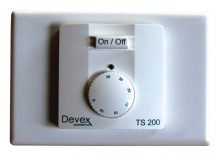 Devex Systems TS-200 manual dial thermostat with on/off switch mounted on wall plate