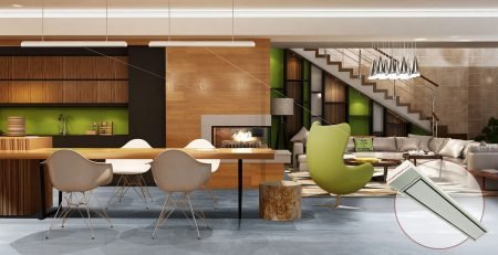 Modern open plan living and dining area with polished concrete floor and Comfortline heating panel inset