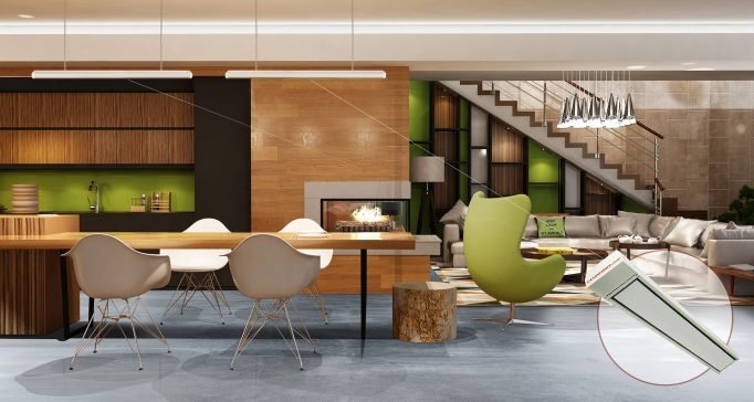 Modern open plan living and dining area with polished concrete floor and Comfortline heating panel inset