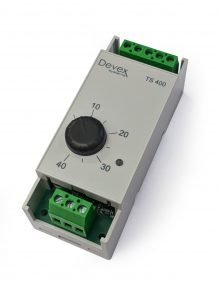 Devex Systems TS-400 dial thermostat with green terminal block connections for heating control