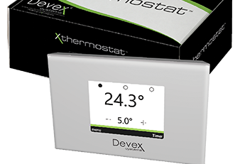 Devex Xthermostat TS Range touchscreen thermostat with product box, landscape view