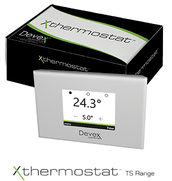 Devex Xthermostat TS Range touchscreen thermostat with product box, landscape view
