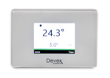 Devex Xthermostat TS-500 programmable touchscreen thermostat front view displaying 24.3 degrees