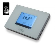 Devex Xthermostat TS-500 smart thermostat with backlit touch screen displaying 24.3 degrees and mobile app control
