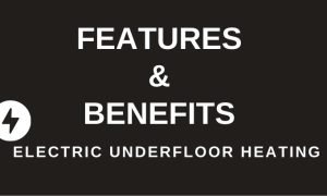 Features and Benefits of Electric Underfloor Heating header graphic with lightning bolt icon on dark background