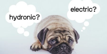 Cute pug dog with thought bubbles asking hydronic or electric heating questions