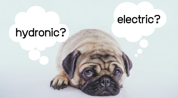 Cute pug dog with thought bubbles asking hydronic or electric heating questions