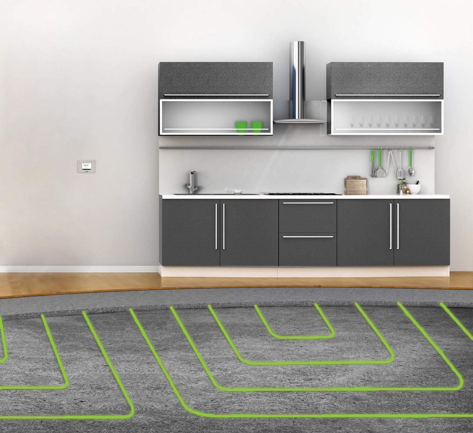Hydronic-Underfloor image Kitchen interior cutaway showing underfloor electric heating cable layout beneath screed with wall thermostat