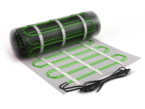 freezer_mat_extracted Rolled electric floor heating mat with green heating cable mesh and lead wire